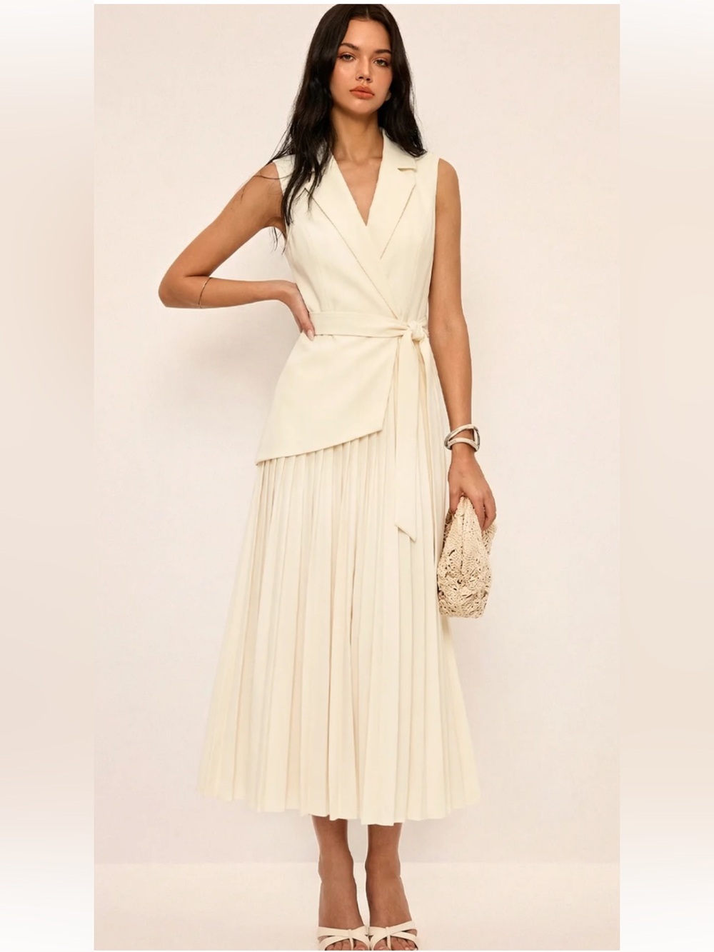 Sleeveless Belted Pleated Blazer Dress  Cream